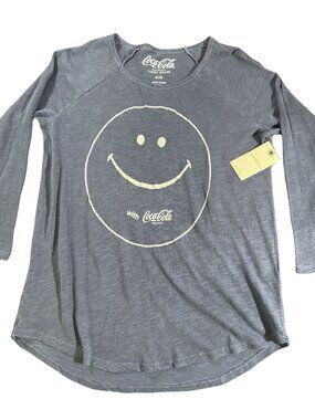 Lucky Brand x Coca Cola Womens M Smiley Face Graphic Tee Long Sleeve Blue NWT